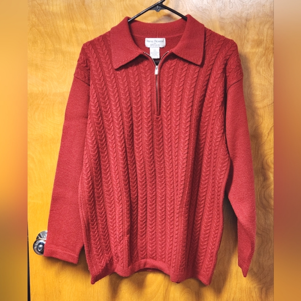Rena Rowan for Saville 1/4 Zip Ruby Red  Cable Front Sweater S